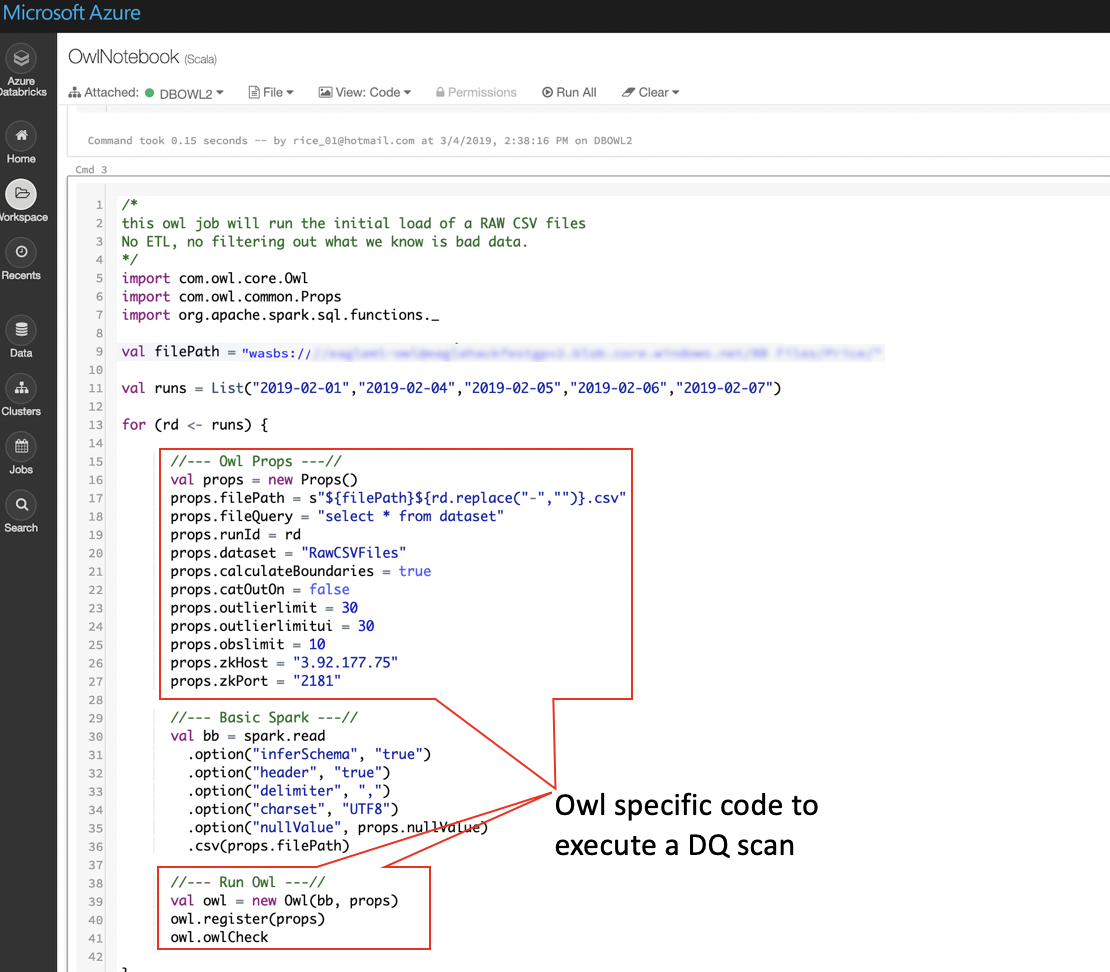Figure 3: Notebook on Azure Databricks to scan raw data